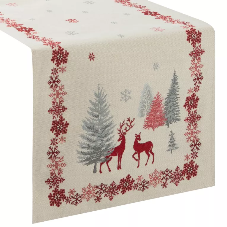 Bieżnik na stół kremowo, czerwony 45x140 cm gobelinowy z zimowym motywem skandynawskim