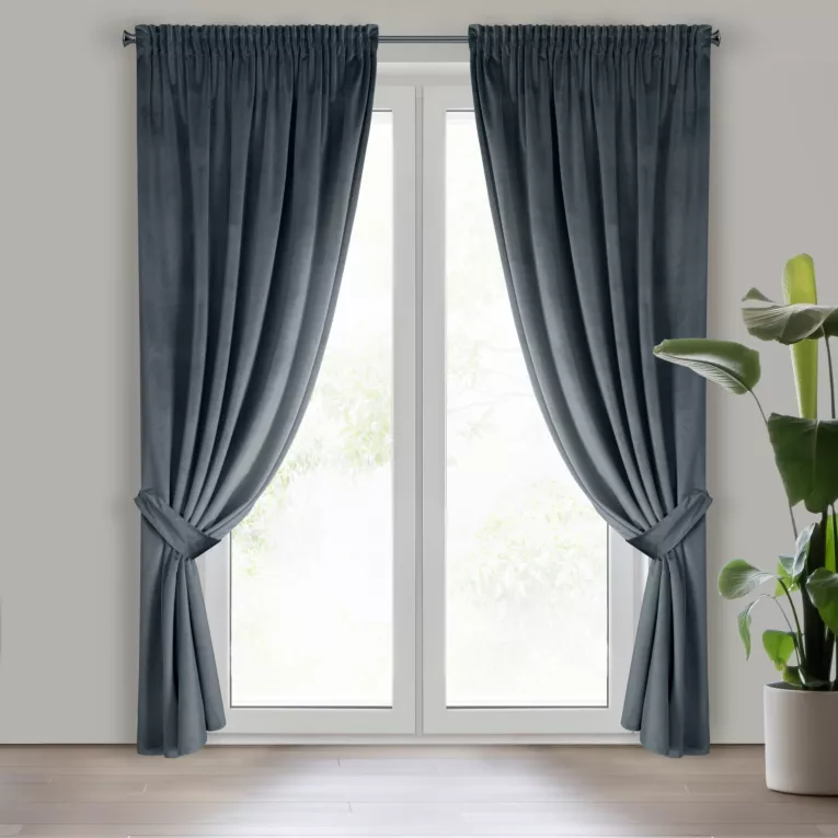 Zasłona grafitowa z tkaniny welwetowej, troczek w zestwie 140x300 cm taśma ANTARA Eurofirany