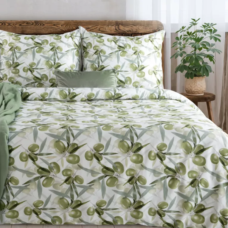 Pościel 160x200 cm komplet 3 częściowy satyna bawełniana kolor biało, zielony zdobiony motywem oliwek SPRING 84 Eurofirany