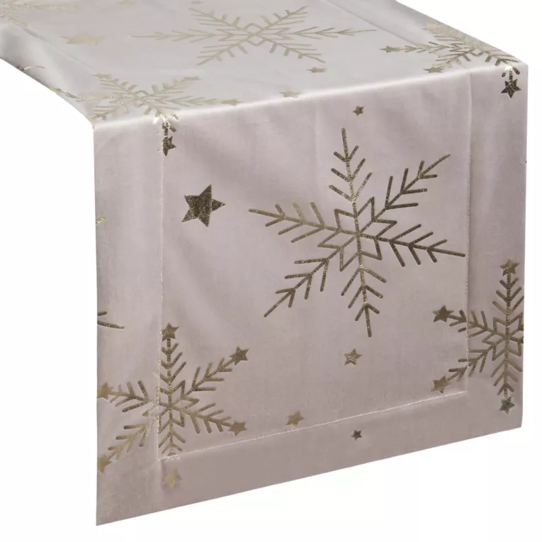 Bieżnik świąteczny 40x140 cm beżowo, szampański welwetowy zdobiony błyszczącym nadrukiem Eurofirany