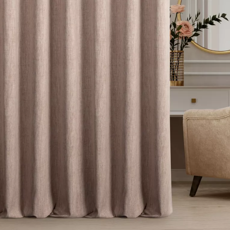 Zasłona szyta na taśmie 5 cm wrzosowa z tkaniny o naturalnym splocie z efektem melanżu