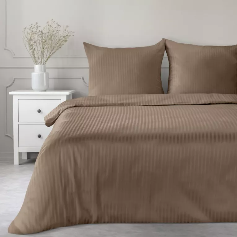 Pościel 140x200 cm satyna bawełniana kolor brązowy w drobne prążki VERA Eurofirany