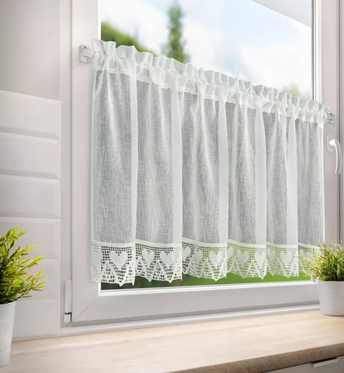 Zazdrostka kremowa z etaminy zdobionej szeroką koronką, styl rustykalny 150x60 cm tunel Doris Eurofirany