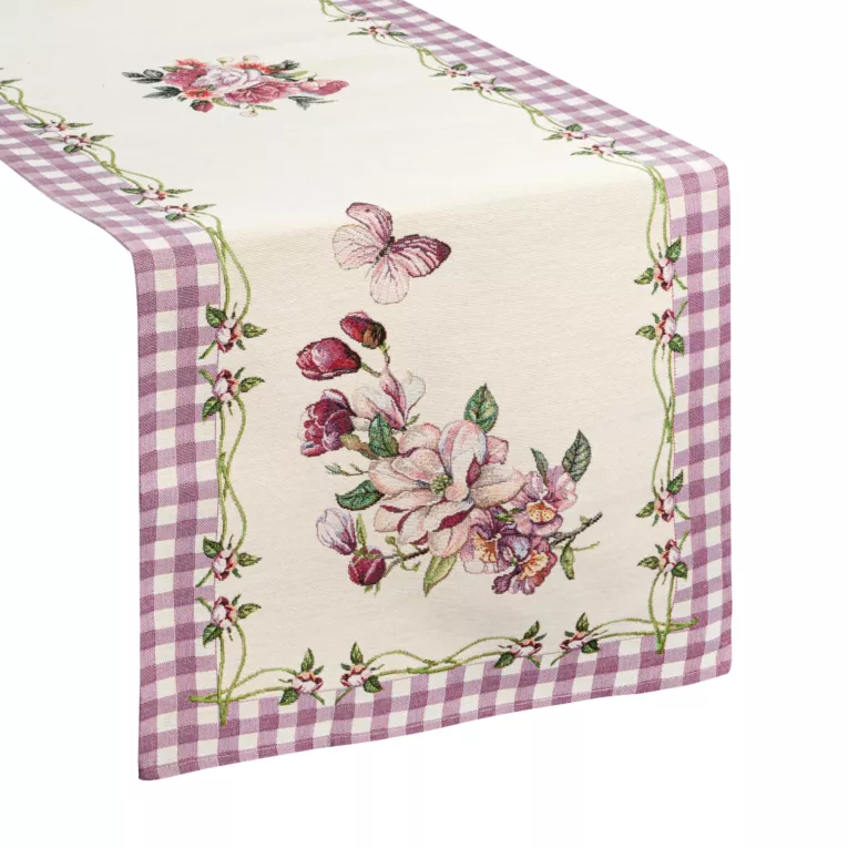 Bieżnik na stół fioletowo, kremowy 45x140 cm gobelinowy z motywem kwiatów