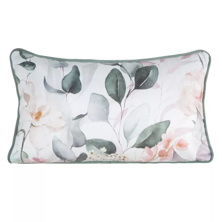 Poduszka dwustronna 45 x 30 cm welwetowa biało, zielona z motywem roślinnym z wypustką na brzegach JULIET EUROFIRANY PREMIUM