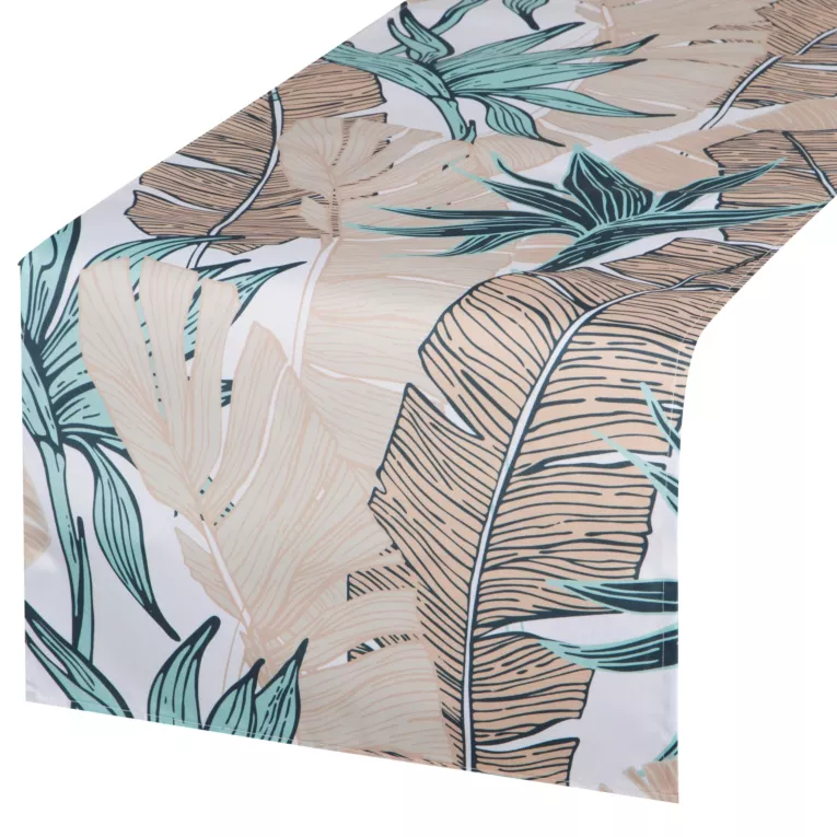 Bieżnik na stół beżowo, turkusowy 40x140 cm wodoodporny GARDEN na taras oraz balkon z motywem liści bananowca