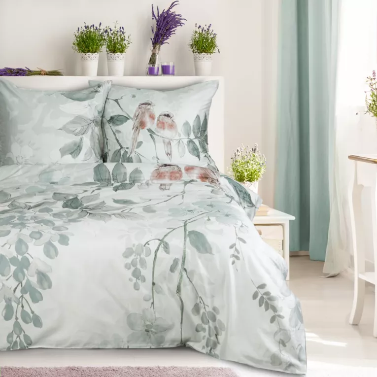 Pościel 220x200 cm bawełniana makosatyna kolor jasnoszary, biały z motywem kwiatów EVITA Eurofirany Premium