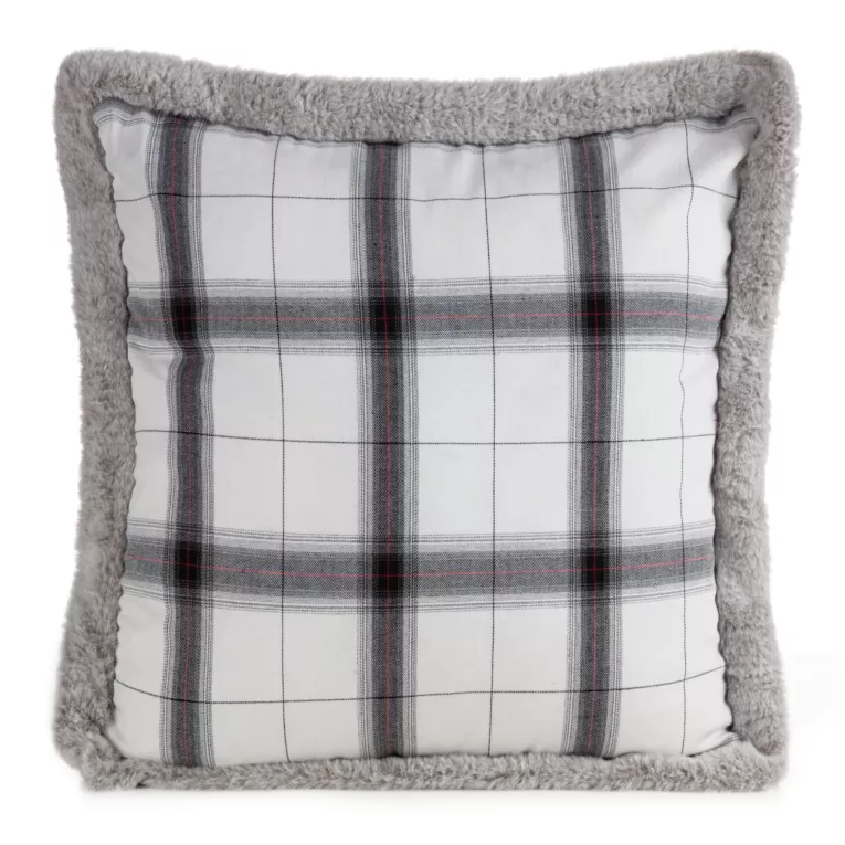 Poszewka na poduszkę 45x45 cm bawełniana w kratkę z bokami obszytymi futerkiem biało, stalowa Eurofirany