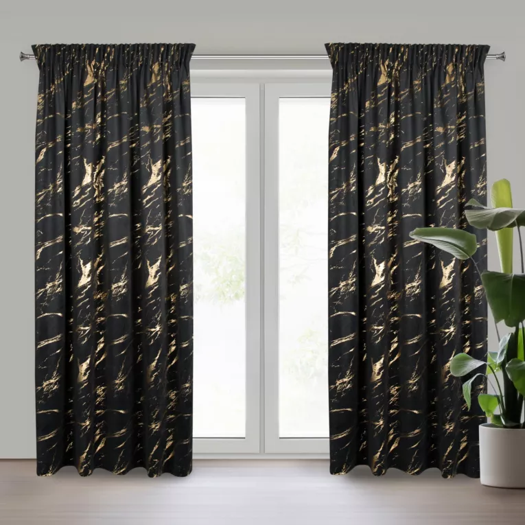 Zasłona czarno, złocista zdobiona błyszczącym marmurkiem z welwetu, złote przelotki 140x270 cm taśma MOLLY Eurofirany