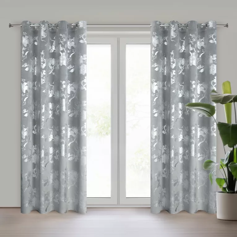 Zasłona stalowo, srebrna zdobiona nadrukiem połyskijących kwiatów 140x250 cm przelotka - CELIA Eurofirany