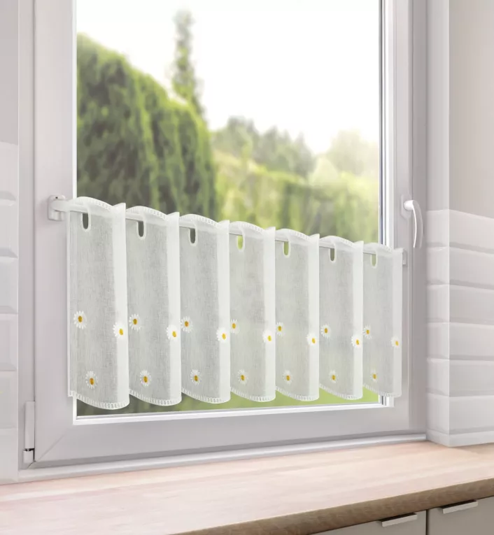 Zazdrostka biała z etaminy zdobiona haftem stokrotek 40x150 cm oczka - BELLIS Eurofirany