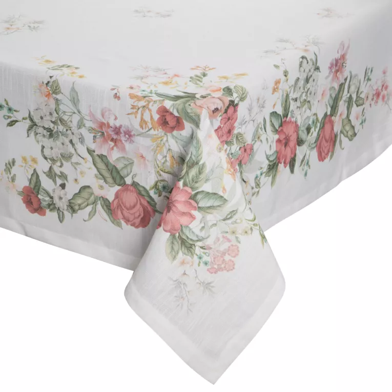 Bieżnik na stół naturalno, różowy 90x90 cm SUMMER 12 zdobiony nadrukiem letnich kwiatów