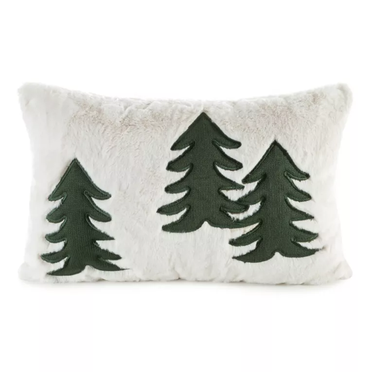 Poszewka na poduszkę 30x50 cm świąteczna z futerka zdobiona aplikacją w choinki kremowo, zielona FELIKS3 Eurofirany