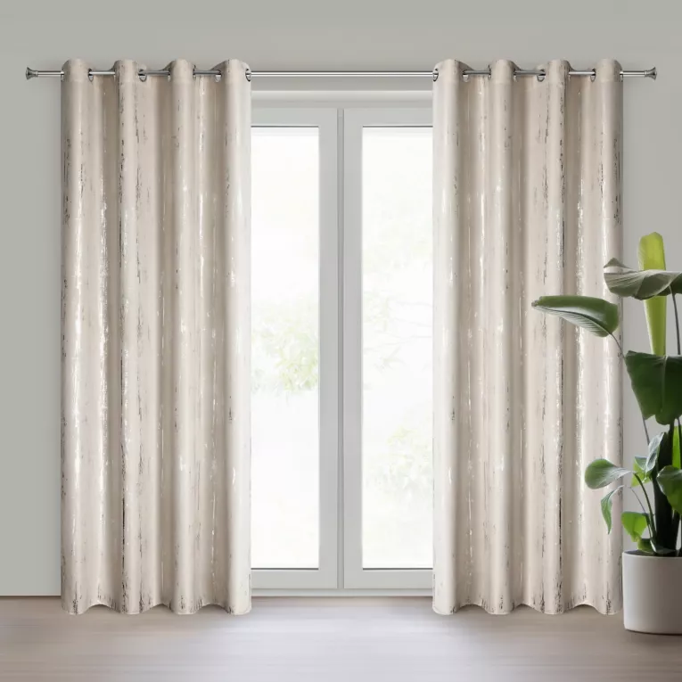 Zasłona ciemnobeżowo, srebrzysta zdobiona błyszczącym nadrukiem 140x250 cm przelotka LIBI Eurofirany