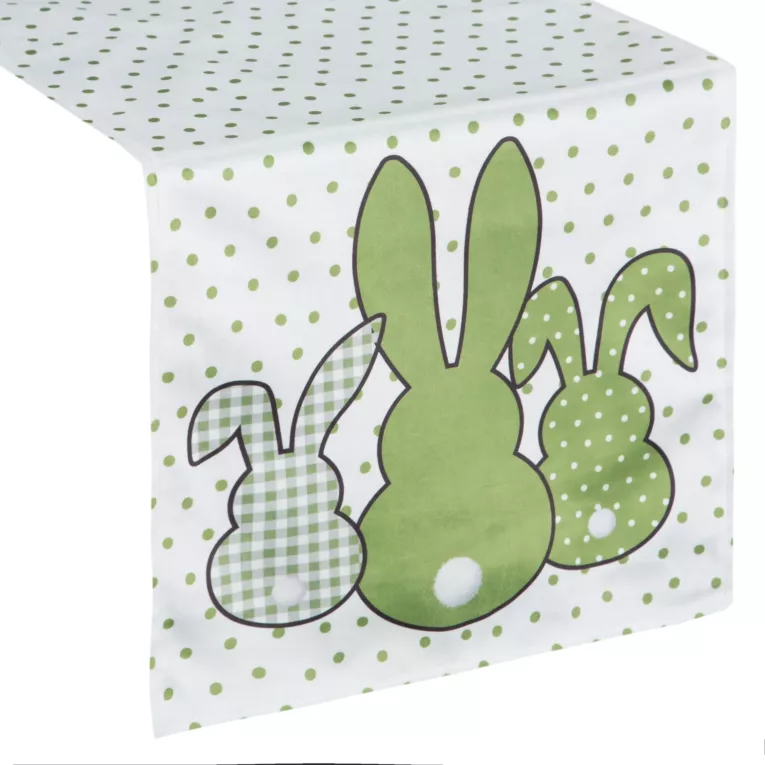 Bieżnik na stół biało, zielony 35x140 cm welwetowy WIOSNA 1 zdobiony nadrukiem siedzących zajączków