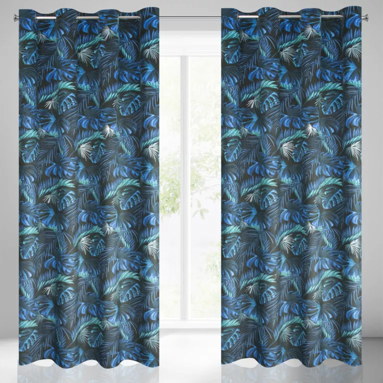 Zasłona czarno, niebieska w liście monstery, welwetowa 140x250 cm przelotka LAZUR Eurofirany