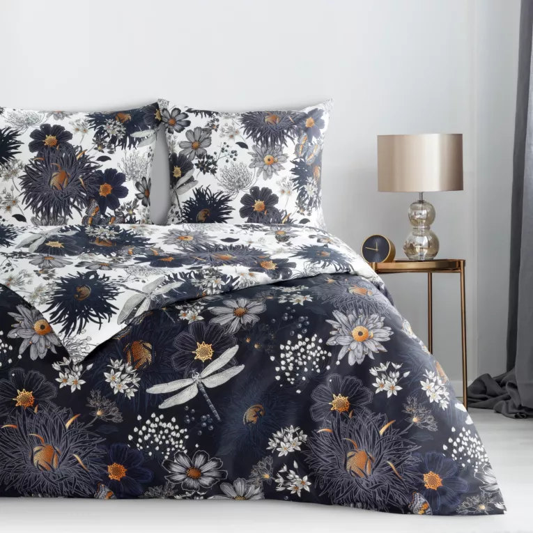 Pościel 140x200 cm bawełniana kolor ciemnogranatowy, biały dwustronna z wzorem kwiatowym NIKA 55 Eurofirany
