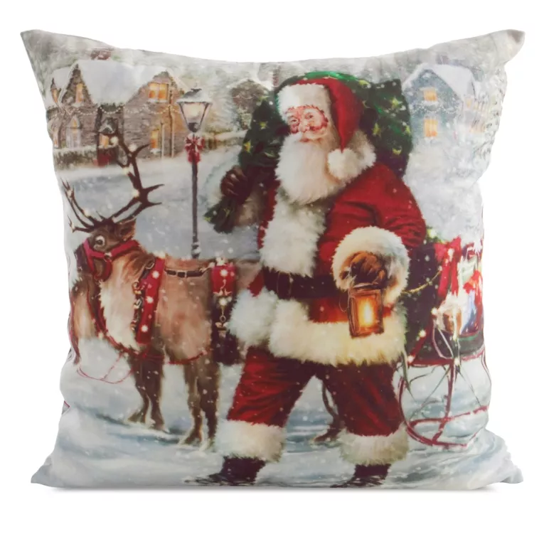 Poszewka na poduszkę 45x45 cm welwetowa czerwono, biała zdobiona  świątecznym nadrukiem Mikołaja Eurofirany
