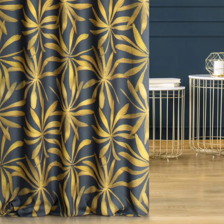 Zasłona szyta na taśmie fala grafitowo musztardowa z tkaniny o naturalnym splocie z botanicznym wzorem