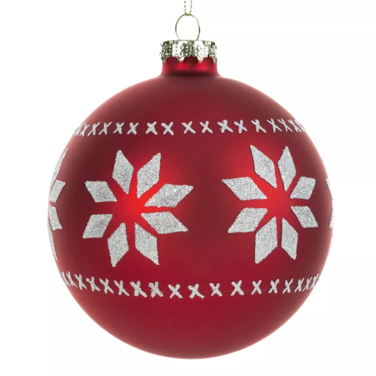 Czerwona szklana bombka choinkowa z białym wzorem w stylu skandynawskim 10 cm Eurofirany