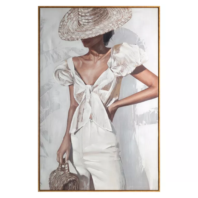 Obraz kremowo, beżowy ręcznie malowana kobieta na płótnie  oprawiony w ramę 80x120 cm Eurofirany