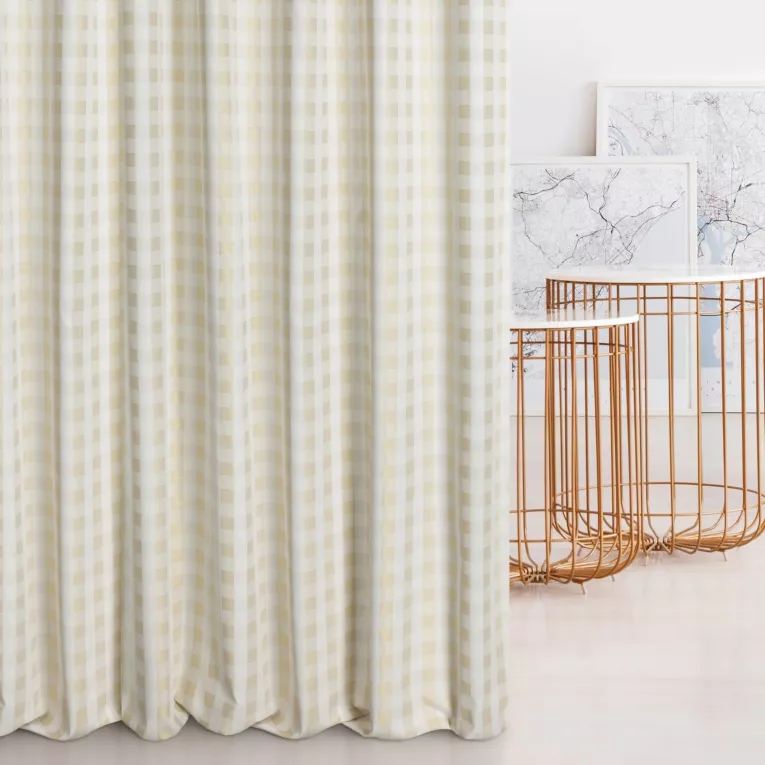 Zasłona szyta na taśmie fala kremowo złocista z dwustronnej tkaniny, deseń w kratę z dodatkiem złotej nici