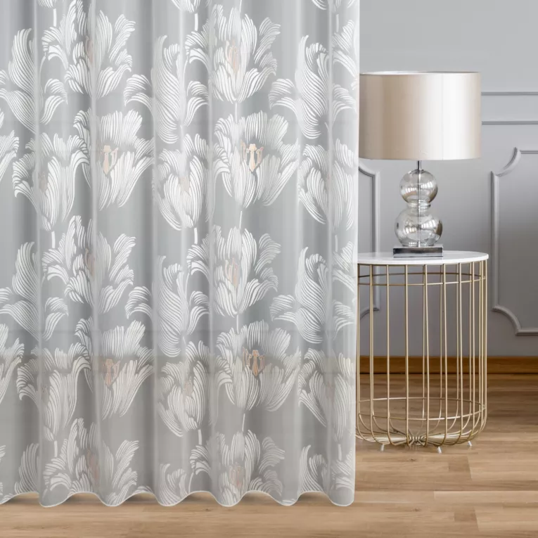 Firana szyta na tunelu naturalna burnout z miękkiej tkaniny wiskozowej w kwiatowy wzór, wykończona obciążnikiem