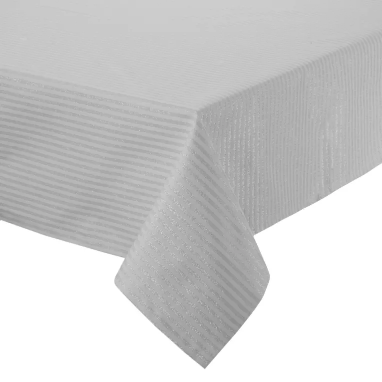 Obrus srebrny 135x180 cm z żakardowej tkaniny FLASH świąteczna w prążki przetykane srebrną nicią