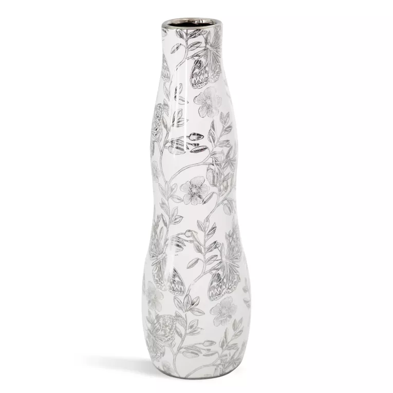Wazon dekoracyjny biało, srebrny zdobiony roślinnym wzorem 11x35 cm RITA Eurofirany