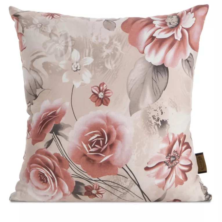 Poszewka na poduszkę 40x40 cm z satyny bawełnianej zdobiona nadrukiem kwiatów pudrowo różowa, beżowa SPRING 42 Eurofirany