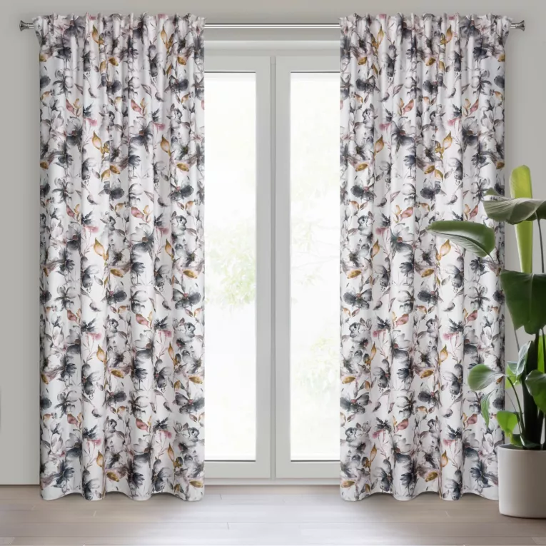 Zasłona biało, stalowa z wyrazistym splotem we wzór kwiatowy 140x270 cm taśma/szelki NIKA Eurofirany