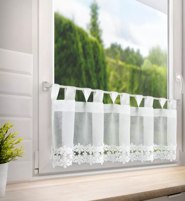 Zazdrostka biała z etaminy zdobiona haftowaną gipiurą 40x150 cm szelki - KAJA Eurofirany