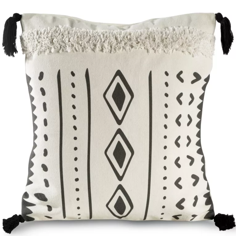 Poszewka na poduszkę 45x45 cm z ozdobnymi pomponami z geometrycznym nadrukiem kremowo, stalowa BOHO Eurofirany