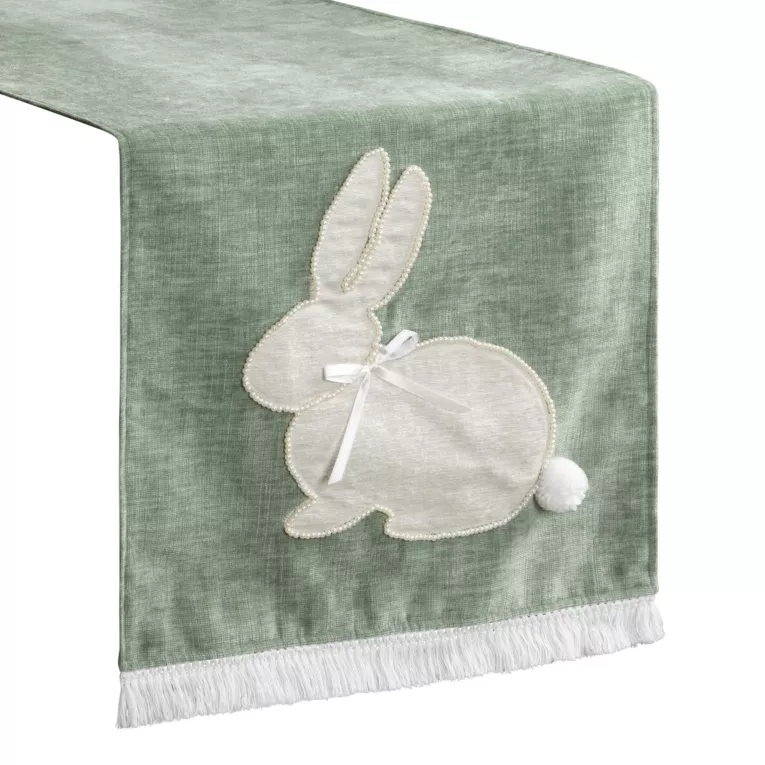 Wielkanocny bieżnik na stół 40x140 cm zielono, beżowy zdobiony zajączkiem i frędzlami - WIOSNA Eurofirany
