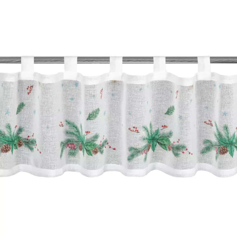 Zazdrostka świąteczna biało, zielona z etaminy zdobiona nadrukiem z motywem świątecznym 150x30 cm szelki - XMAS 4 Eurofirany