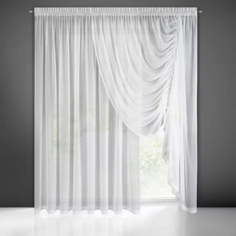 Firana biała na okno balkonowe z asymetrycznym podpięciem 360x250 cm taśma ANABEL  Eurofirany