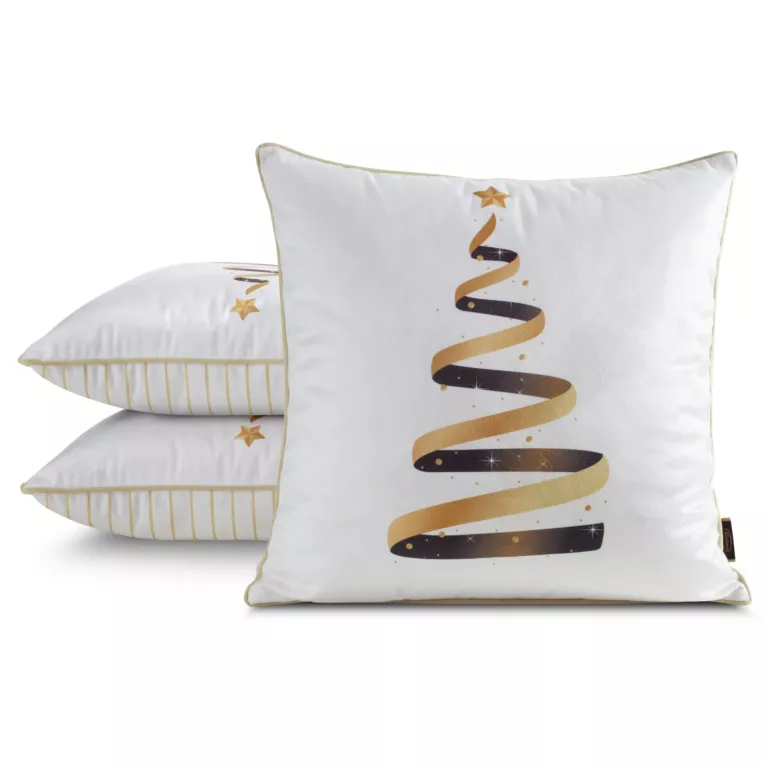 Poszewka na poduszkę świąteczna 45x45 cm welwetowa biało, złota zdobiona nadrukiem i ozdobną wypustką Eurofirany