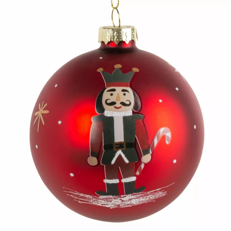Czerwona szklana bombka choinkowa ozdobiona uroczym dziadkiem do orzechów 8 cm Eurofirany
