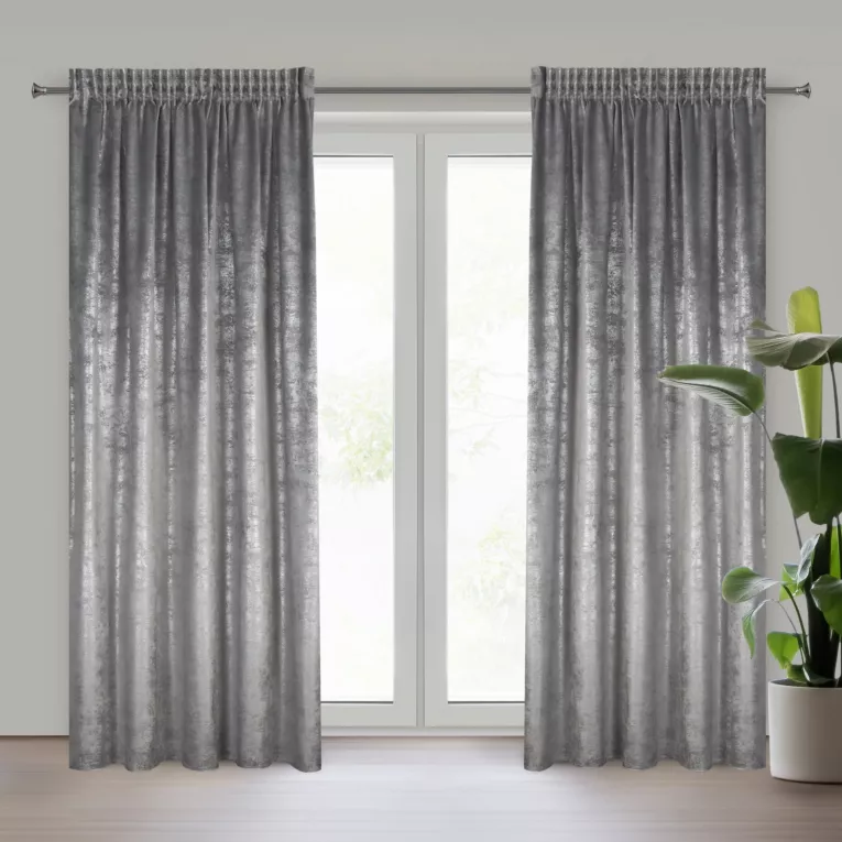 Zasłona stalowo, srebrna welwetowa z przecieranym błyszczącym nadrukiem 135x270 cm taśma - AVENA Eurofirany