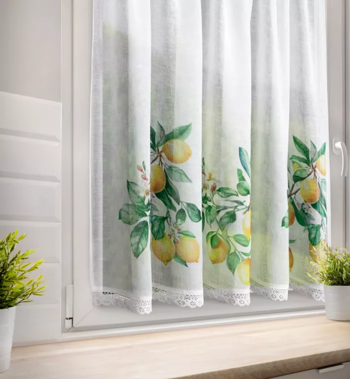 Zazdrostka biało, zielona z etaminy zdobiona nadrukiem cytryn 90x150cm tunel CLOE Eurofirany