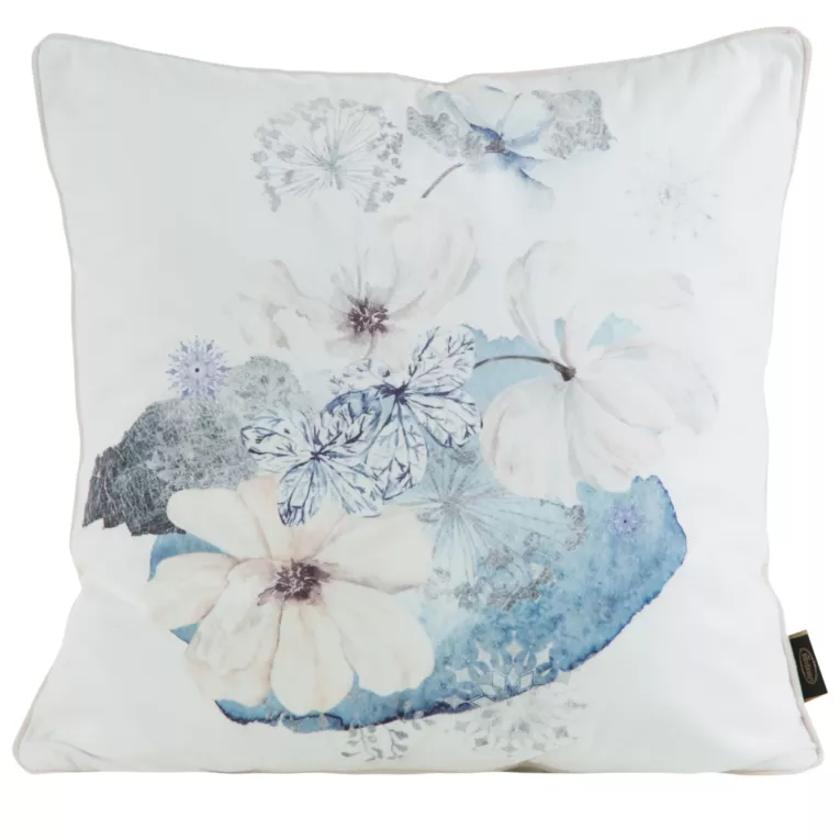 Poszewka na poduszkę 45x45 cm welwetowa, dwustronna z motywem kwiatów z wypustką na brzegach kremowo, niebieska VELVET 125 EUROFIRANY PREMIUM