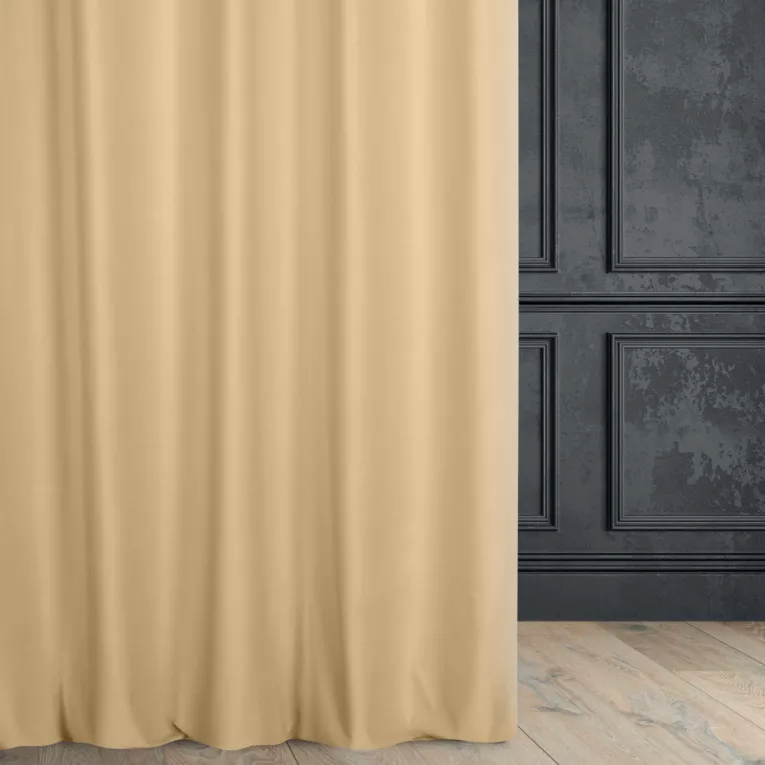 Zasłona szyta na przelotkach złoto jasnobeżowa z miękkiej półmatowej tkaniny welwetowej