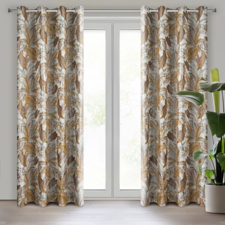 Zasłona biało, musztardowa z błyszczącym wzorem egzotycznych liści z welwetu 140x250 cm przelotka ADEL Eurofirany