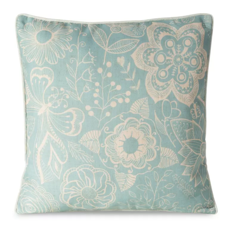 Poszewka na poduszkę 45x45 cm bawełniana, dwustronna łącząca welwet i len z przecieranym nadrukiem jasnoniebiesko, kremowa LEN Eurofirany