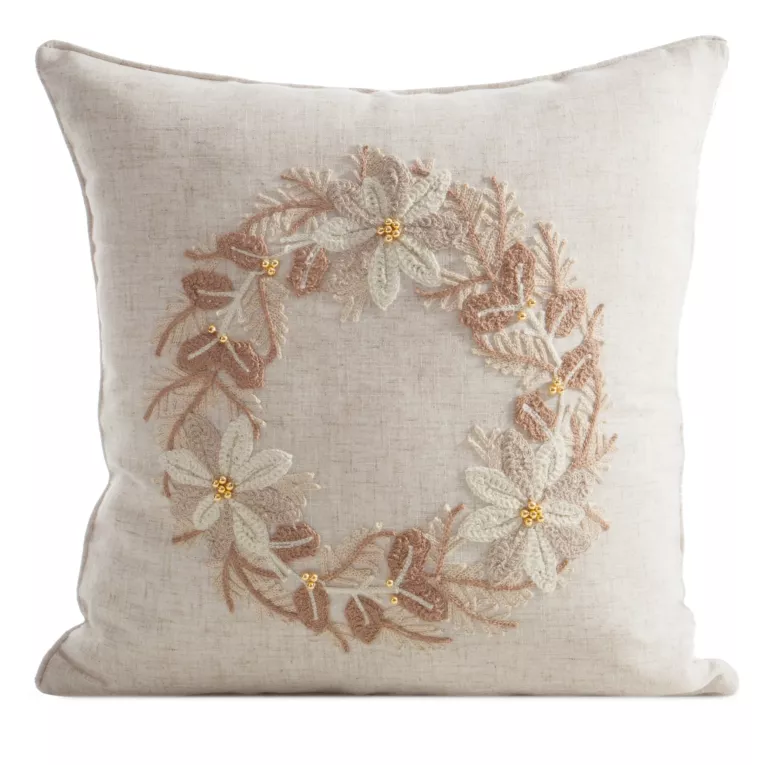 Poszewka na poduszkę świąteczna 45x45 cm o strukturze lnu beżowa zdobiona aplikacją Eurofirany