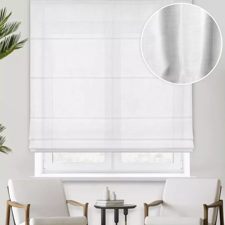 Roleta rzymska biała z matowej gęsto tkanej etaminy o naturalnym splocie