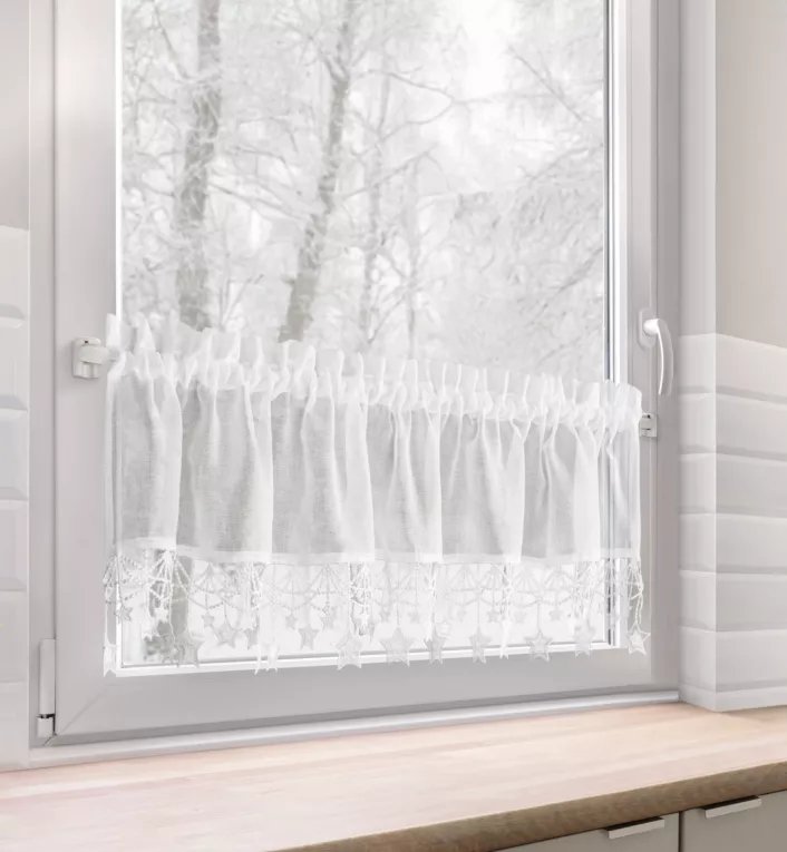 Zazdrostka świąteczna biała z etaminy zdobiona luźno zwisającymi gwiazdkami 150x30 cm tunel - XMAS Eurofirany