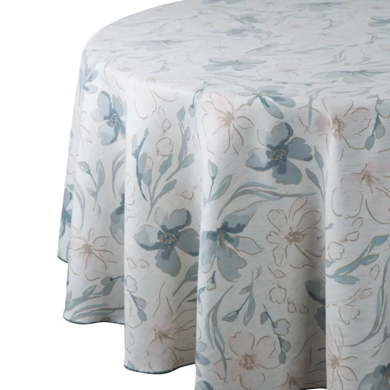 Obrus okrągły naturalno, jasnoniebieski średnica 150 cm INES 10 z nadrukowanym motywem pastelowych kwiatów