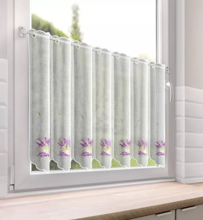 Tkanina firanowa zazdrostka z etaminy zdobiona haftem lawendy Eurofirany