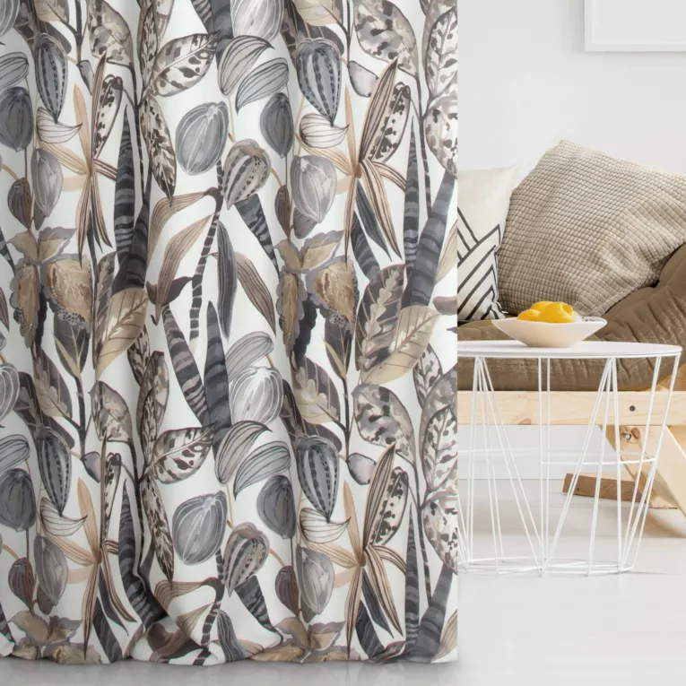 Zasłona szyta na taśmie fala beżowo grafitowa z tkaniny o naturalnym splocie z nadrukowanym kwiatowym wzorem